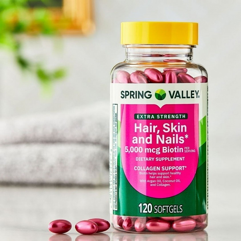 Suplemento dietético para apoyo al colágeno Contiene 120 softgels Con argan oil, coconut oil y collagen Botella a prueba de manipulación 5000mcg de biotina por porción /            Precio: 17$