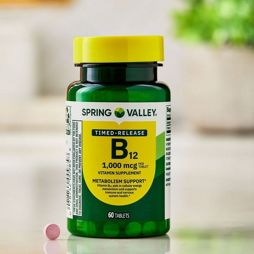 Spring Valley Vitamina B12 Tabletas de Liberación Prolongada para Apoyo al Metabolismo, 1000 mcg, 60 unidades Suplemento vitamínico de apoyo al metabolismo energético y la salud del sistema nervioso* 1,000 mcg de vitamina B12 por tableta / Precio: 12$